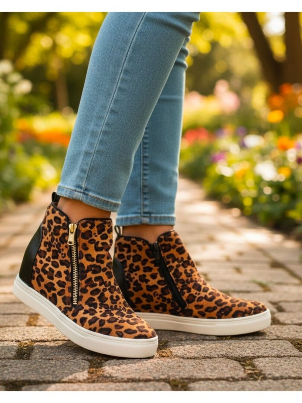 Leopard Print Wedge Sneakers With Side Zipper & Black Accents